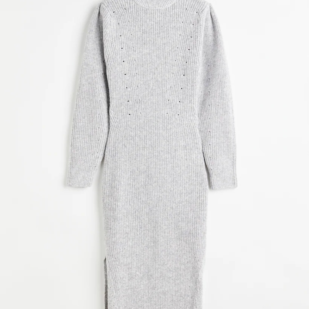 New! Puff Long Sleeves Rib Knit Elegant Light Grey Knit Dress Sz M